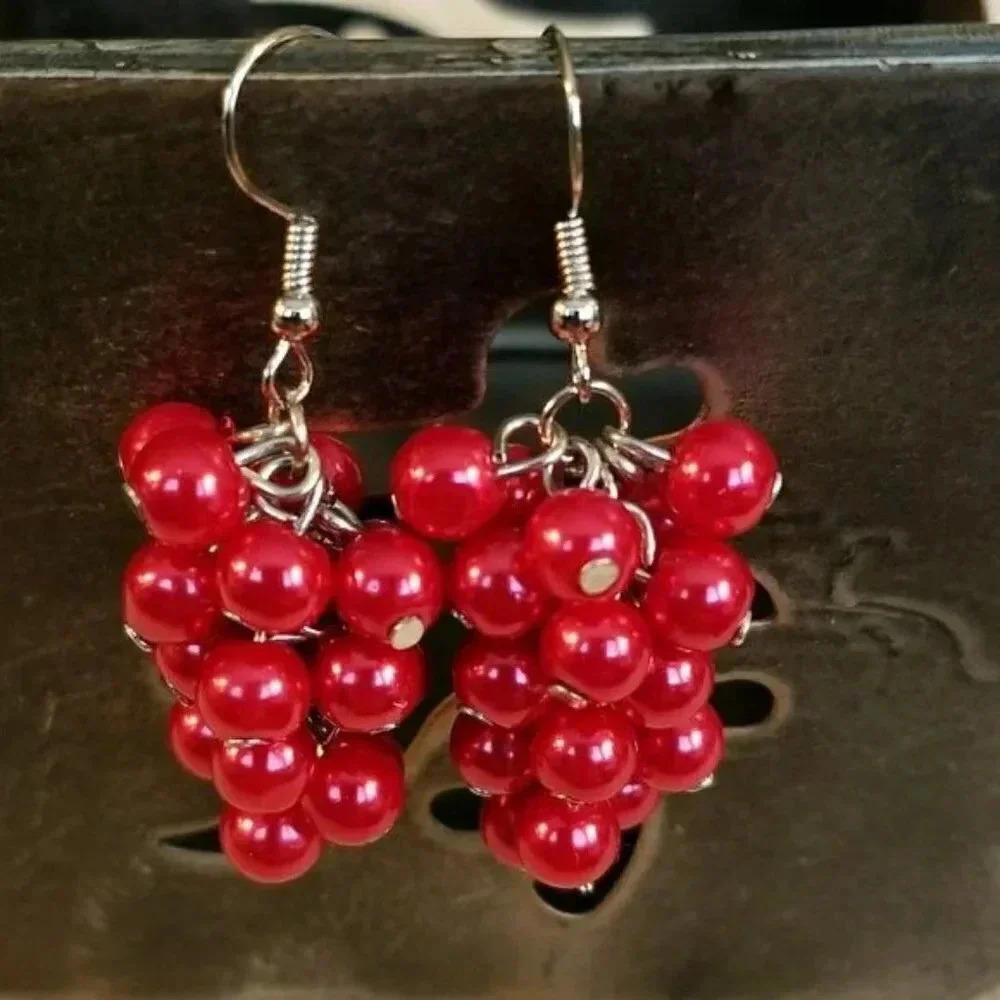 Red Glass Pearl Grape Cluster Handmade Earrings